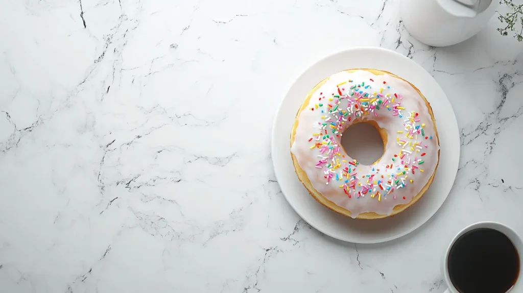 Freshly baked donut cake with vanilla glaze and bright sprinkles.