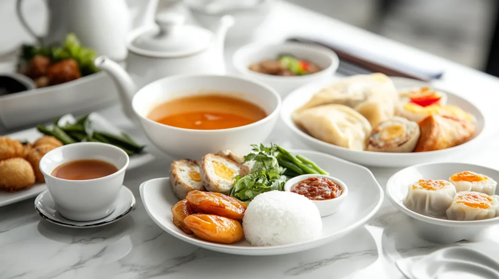 A cozy table setting featuring various Asian breakfast dishes and hot tea.