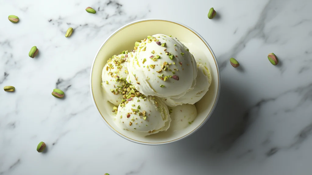 Scoops of pistachio ice cream in a bowl with crushed pistachios on top.