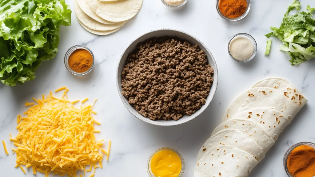 All the ingredients laid out for making a homemade Cheesy Gordita Crunch.