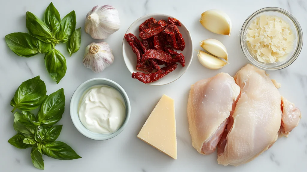 Ingredients laid out on a wooden counter for making marry me chicken soup, including chicken, sun-dried tomatoes, cream, and fresh herbs