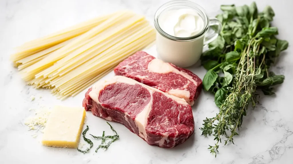 A large bowl of creamy steak pasta topped with fresh parsley and grated cheese.