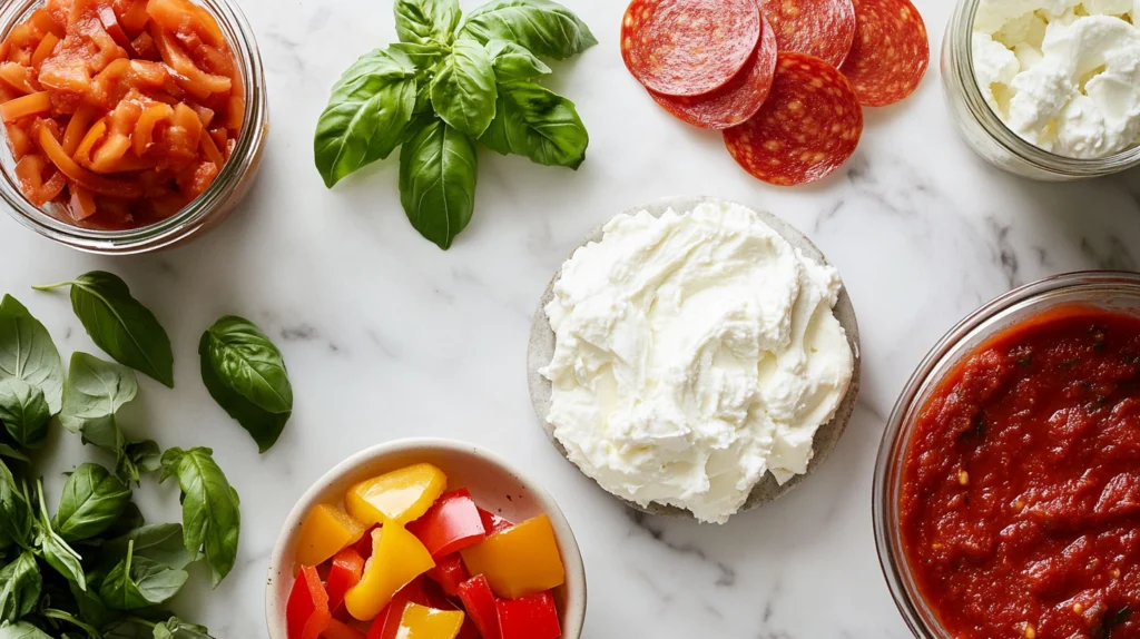 Fresh ingredients laid out on a kitchen counter: cream cheese, mozzarella, pepperoni, bell peppers, basil, and a jar of marinara sauce.