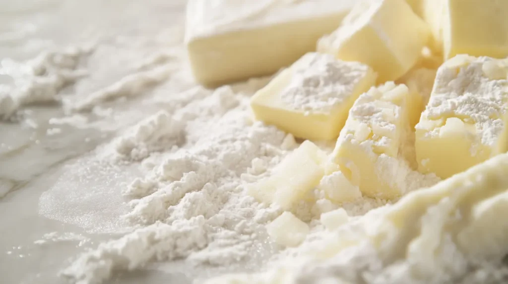 Ingredients arranged on a marble countertop, including flour, butter, yeast, milk, sugar, and salt.