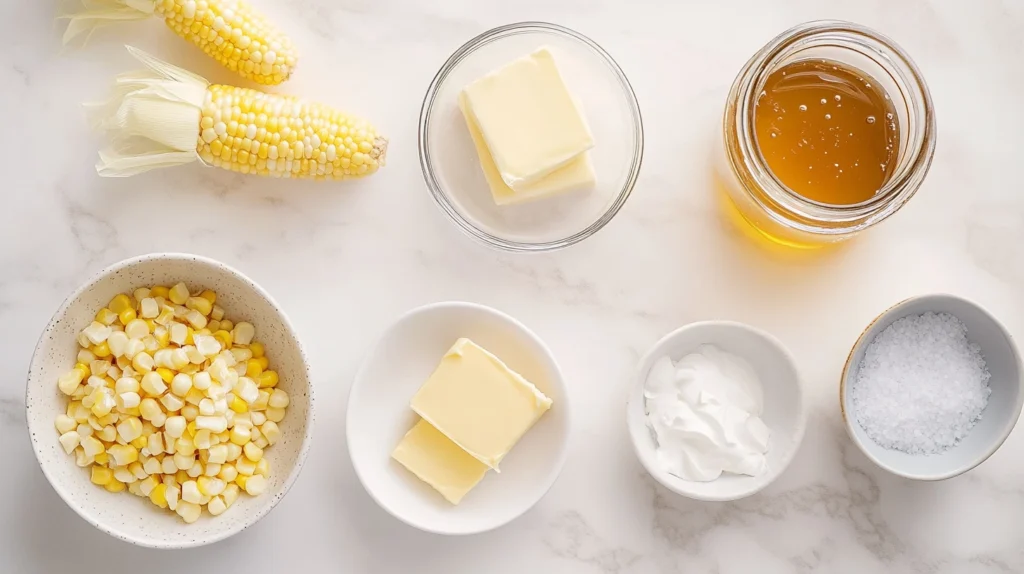 Ingredients laid out for making honey butter skillet corn on a wooden countertop.