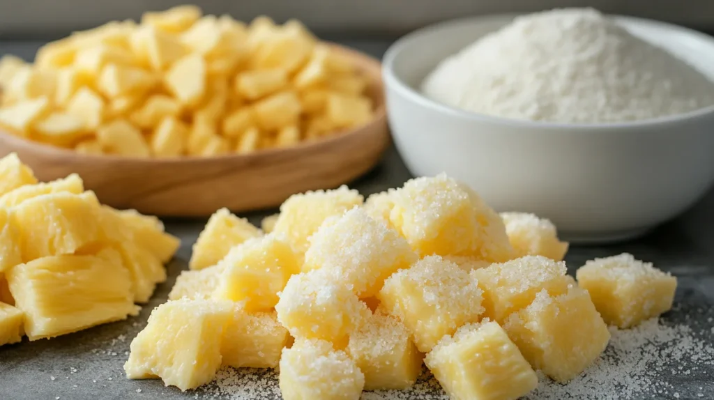 Ingredients lined up on a kitchen counter for pineapple casserole.