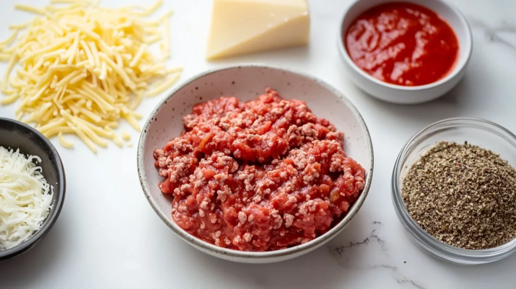 Ingredients laid out for making a beefaroni recipe, including pasta, ground beef, and seasonings