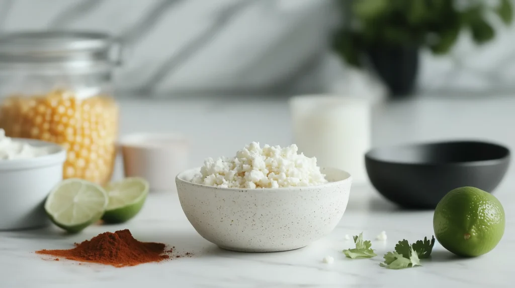 Ingredients arranged neatly on a kitchen counter, including pasta, fresh corn, lime, cotija cheese, mayonnaise, and spices.