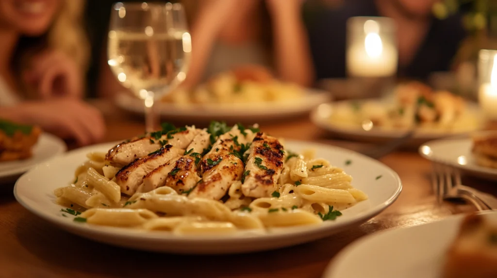 Family gathered around the dinner table enjoying garlic parmesan chicken pasta.