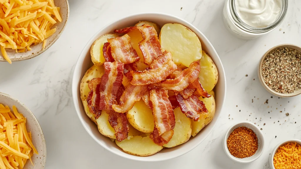 Bowl of russet potatoes, bacon strips, shredded cheddar cheese, mayonnaise, and seasonings on a rustic kitchen counter.