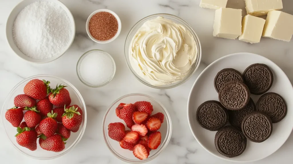 Ingredients laid out for making a strawberry crunch cheesecake, including Golden Oreos, freeze-dried strawberries, cream cheese, sugar, and more.