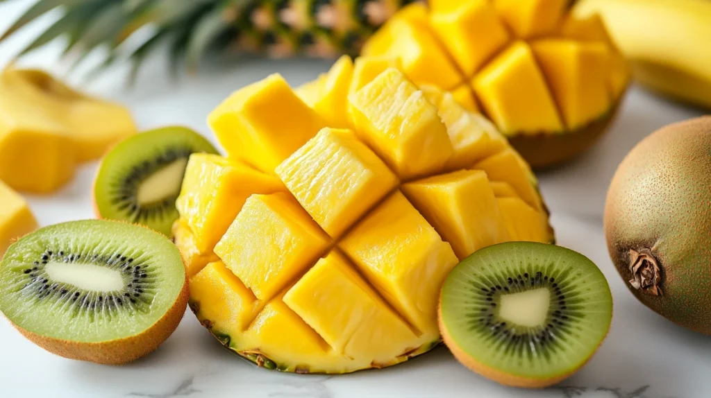 Assorted tropical fruits—pineapple, mango, bananas, and kiwi