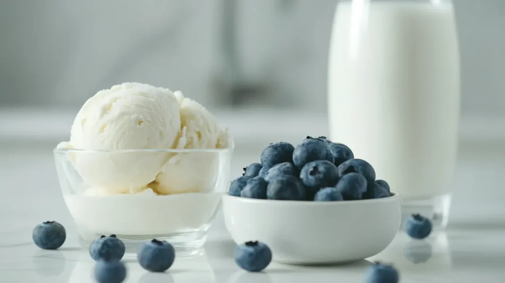 Fresh blueberries, vanilla ice cream, and milk displayed on a kitchen counter.