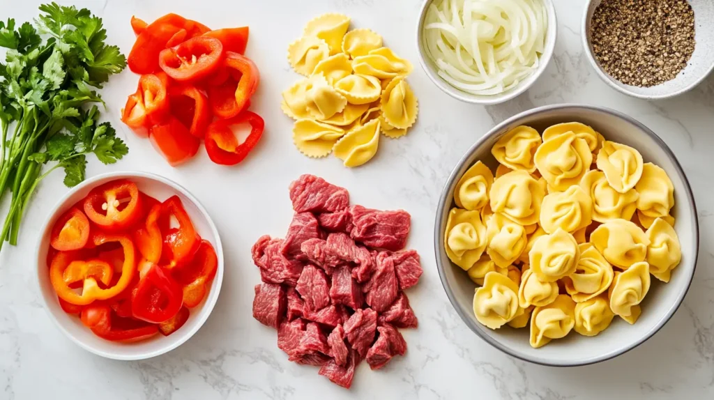 Ingredients laid out for making cheesesteak tortellini, including bell peppers, onions, steak, cheese, and tortellini.