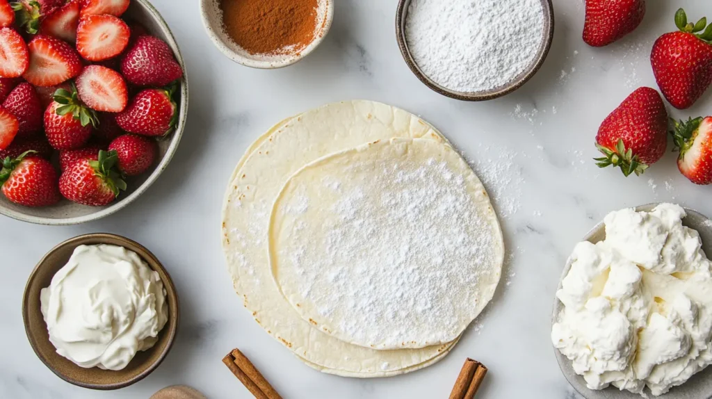 All the ingredients for strawberry cheesecake tacos laid out on a kitchen countertop.