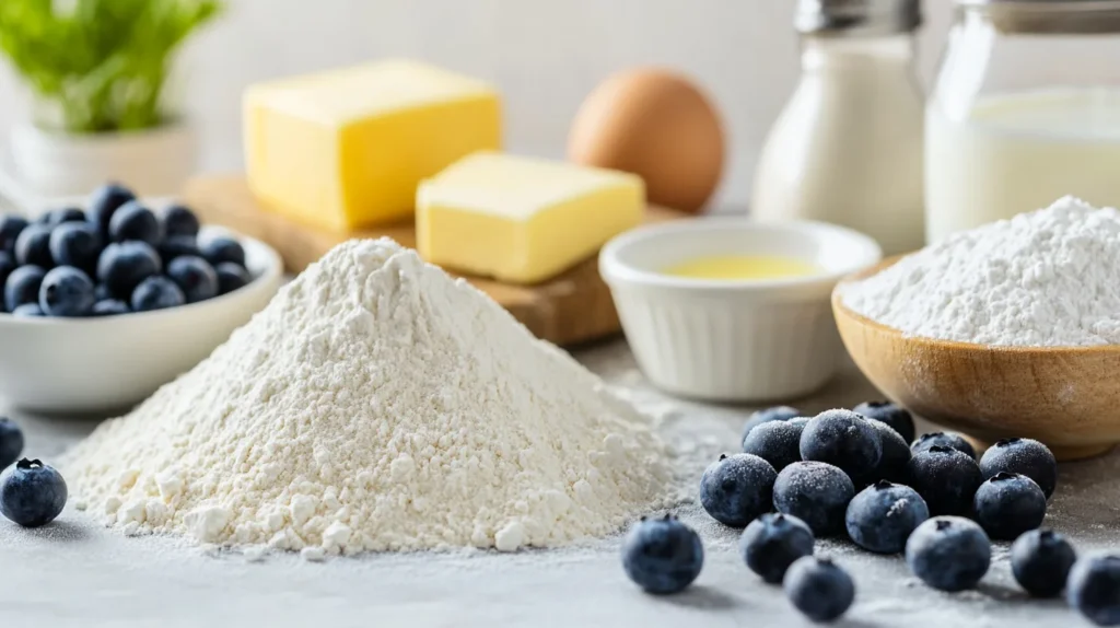 All the ingredients for making fluffy blueberry pancakes, arranged neatly on a kitchen counter.