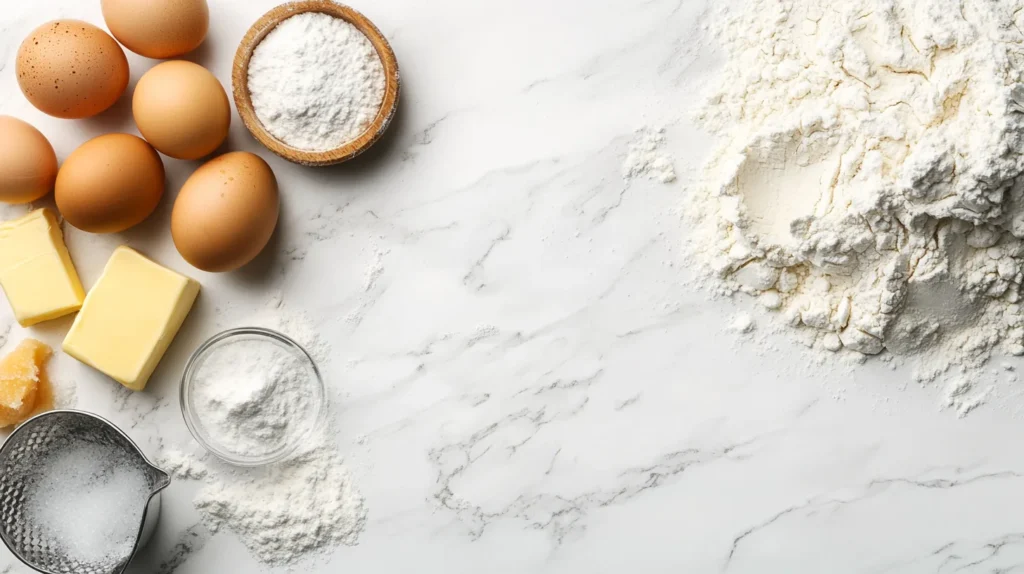 Ingredients laid out for making mini pancakes, including flour, eggs, milk, sugar, and butter.