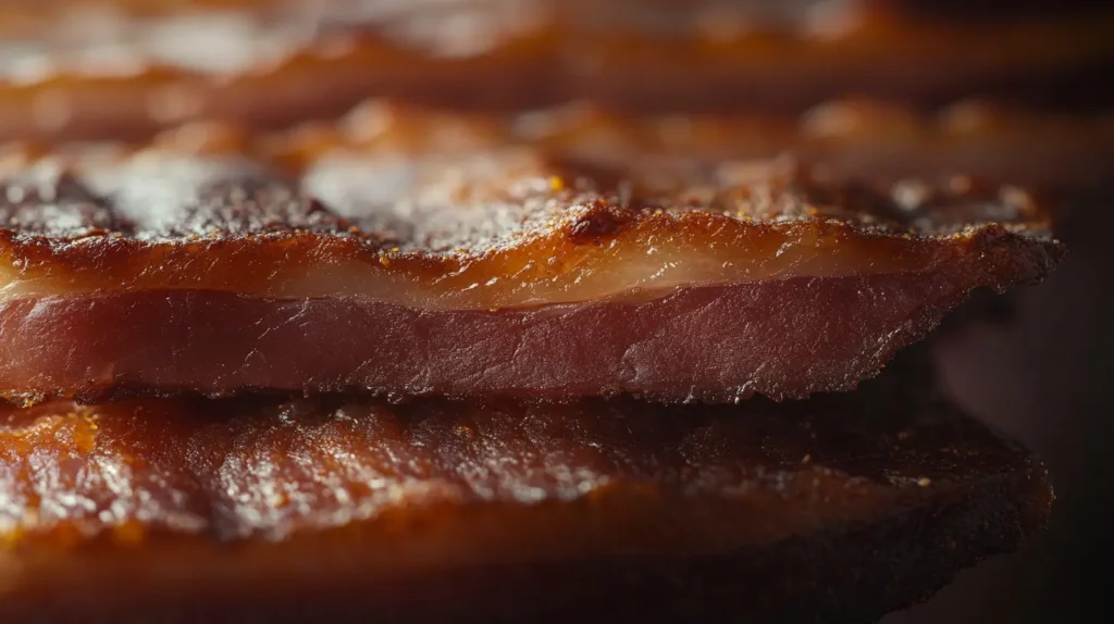 Close-up of smoked pork belly slices showing the juicy interior and crispy outer layer.