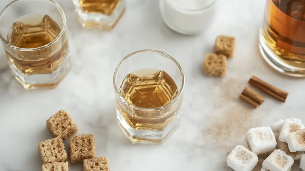 All the ingredients for a Cinnamon Toast Crunch Shot: Fireball Whisky, RumChata, cinnamon sugar, and shot glasses.