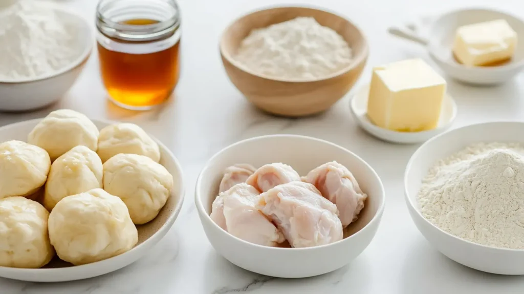 Ingredients laid out for making homemade chicken minis: chicken pieces, rolls, honey, butter, flour, and seasonings.