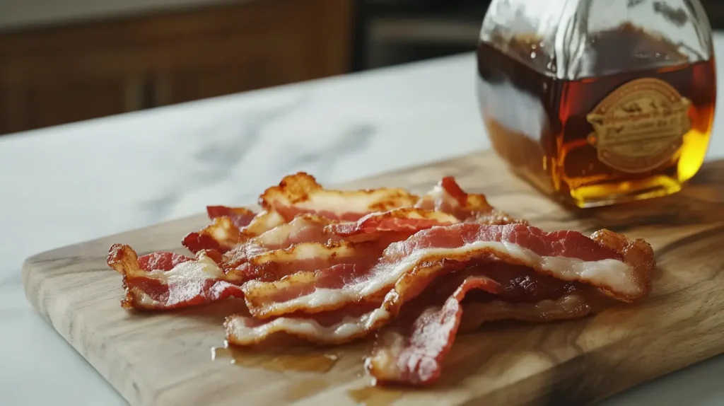 Fresh bacon strips and a bottle of maple syrup on a wooden cutting board.