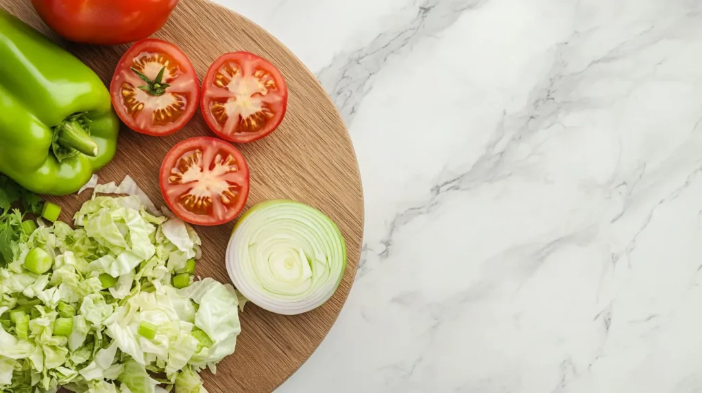 Chopped green tomatoes, cabbage, onions, and peppers on a wooden cutting board.