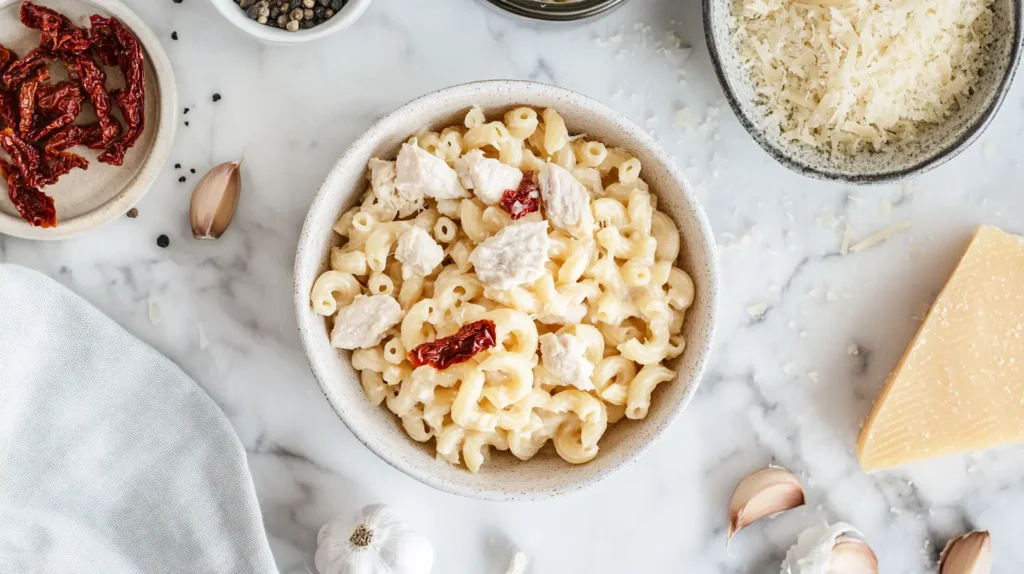 Ingredients laid out on a wooden board: pasta, chicken, sun-dried tomatoes, garlic, cream, and Parmesan cheese.