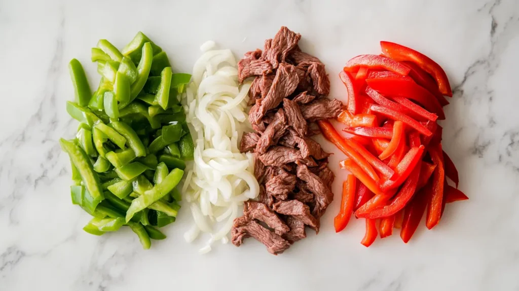 Prepared ingredients—thinly sliced beef, onions, and peppers