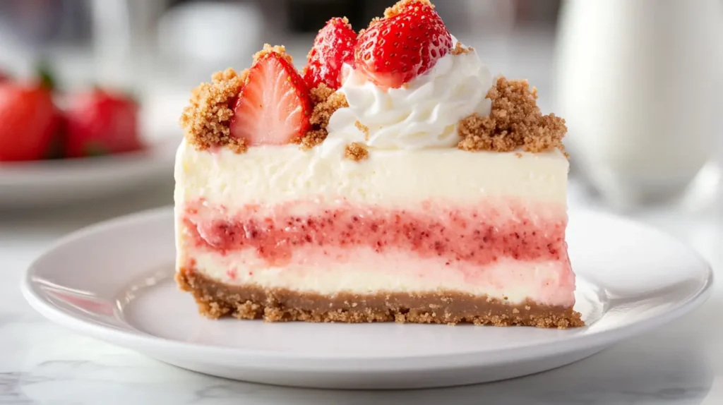 A slice of strawberry crunch cheesecake with whipped cream on top, served on a white plate.