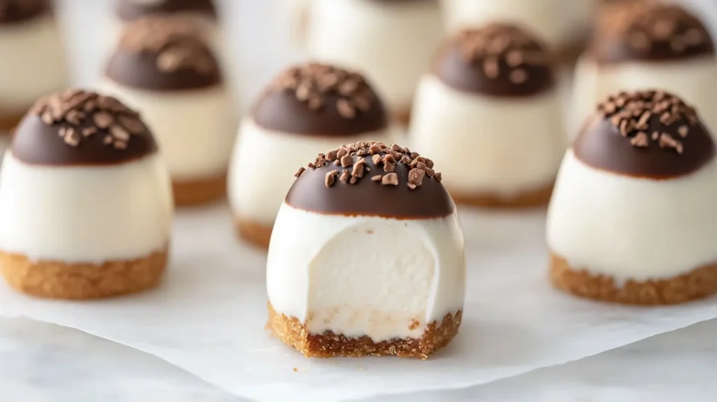 Chocolate-covered cheesecake balls with a glossy finish arranged on parchment paper.