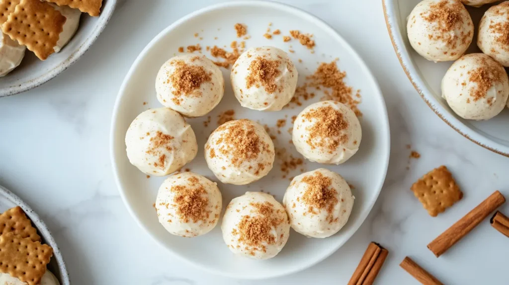 Finished no bake pumpkin cheesecake balls dipped in white chocolate and topped with cinnamon.