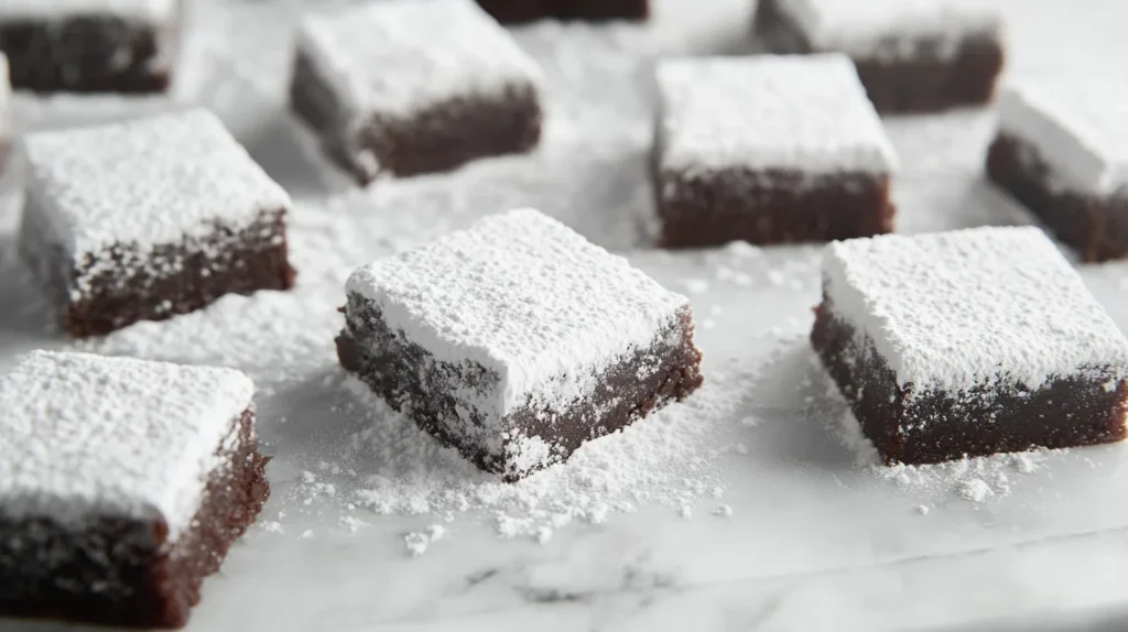 A tray of eggless brownies dusted with powdered sugar, ready to be served