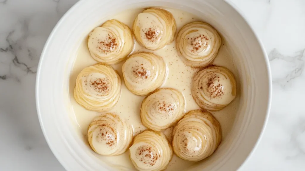 Soaking croissants in a sweet custard mixture.