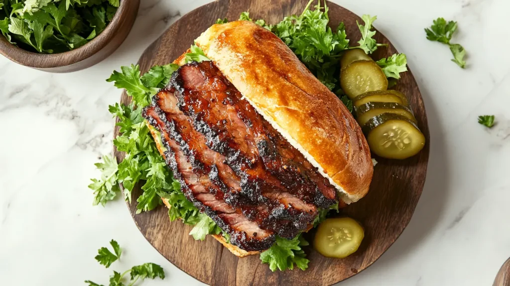 Smoked pork belly served in a hearty sandwich with fresh greens and a side of pickles.