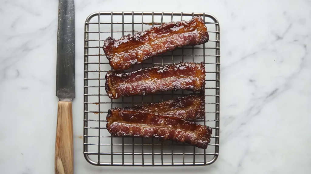 Maple bacon cooling on a wire rack, glistening with syrupy glaze.