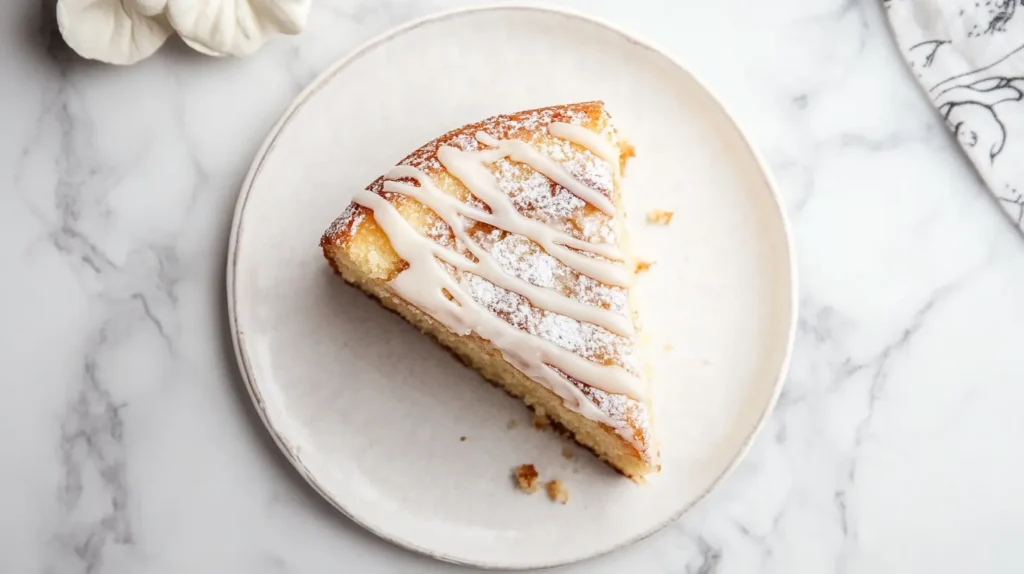 A slice of donut cake with a moist crumb and vanilla glaze drizzle.