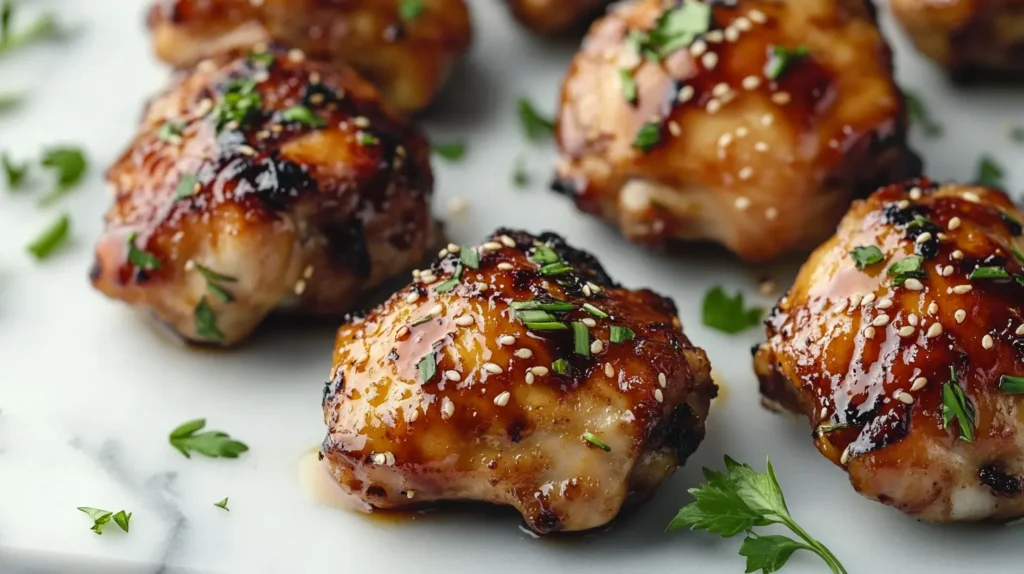 Close-up of sticky honey sesame chicken pieces ready to be served.