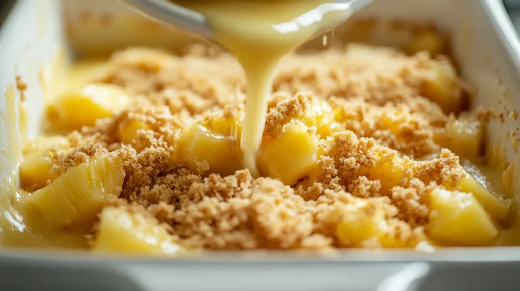 Action shot pouring cracker crumb topping over a pineapple mixture in a baking dish.