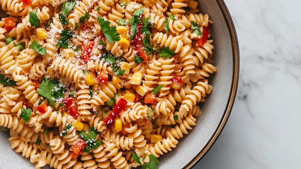 A close-up shot of street corn pasta salad being tossed with a creamy dressing in a large bowl.