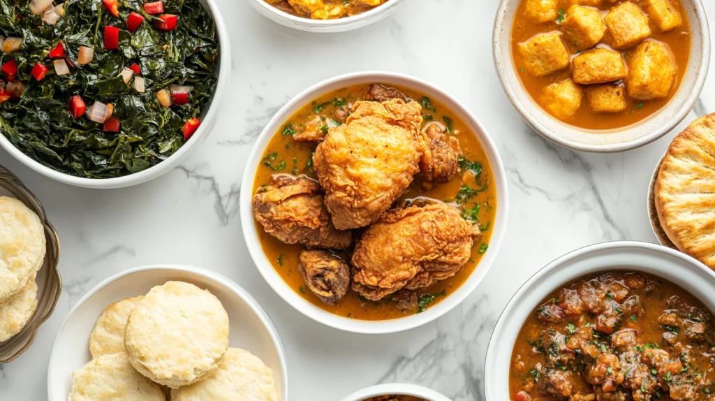 A variety of Southern comfort foods displayed on a rustic wooden table.