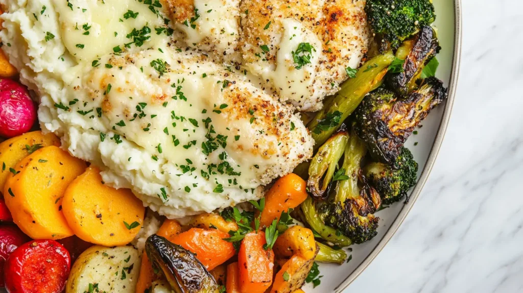 A platter featuring different cheese toppings and side dishes for Parmesan Crusted Chicken.