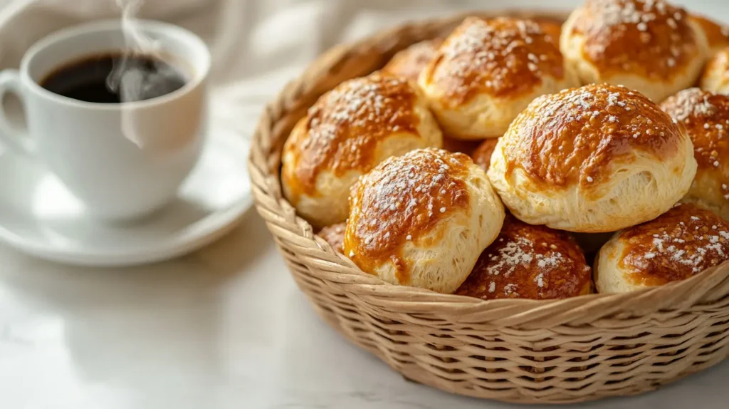 A basket of freshly baked Gipfeli next to a cup of coffee.