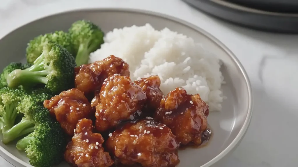 A plate of honey sesame chicken served with steamed broccoli and white rice.