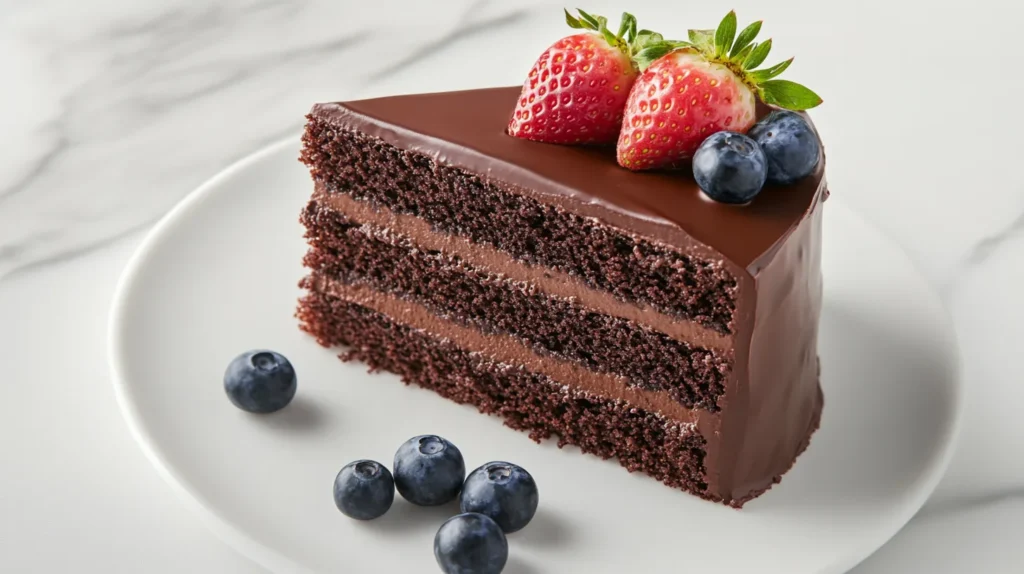 A luscious slice of chocolate cake with fresh berries