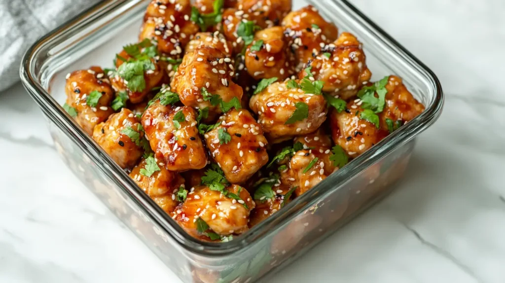 Leftover honey sesame chicken stored in a glass container.