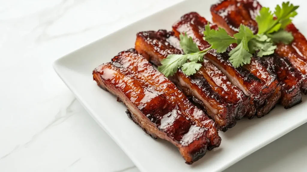 Crispy maple bacon slices arranged on a white plate.