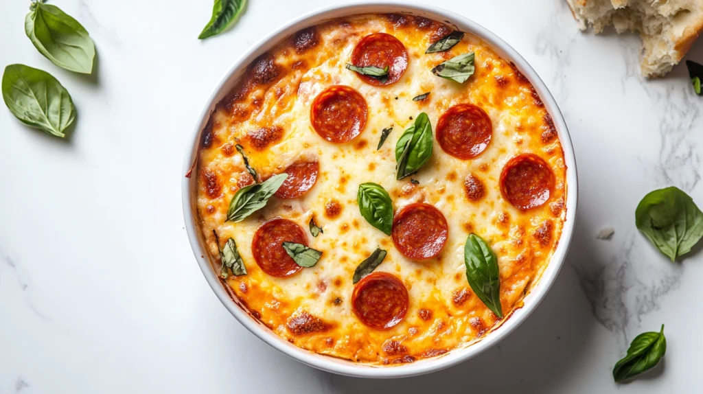 A warm bowl of creamy, cheesy pizza dip garnished with pepperoni slices and fresh basil leaves.