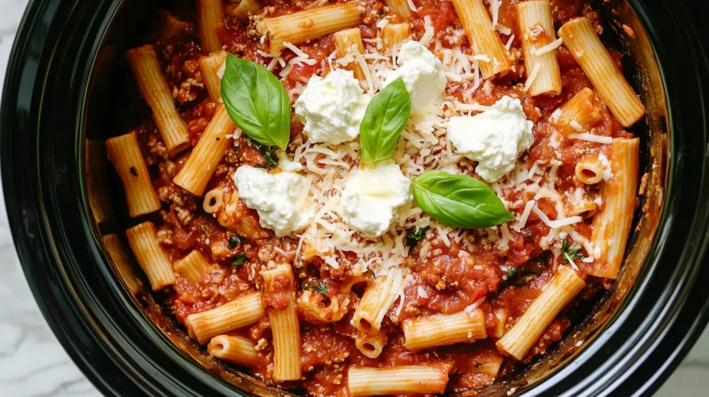 A simple crockpot filled with a hearty pasta and sauce mixture ready to slow cook.