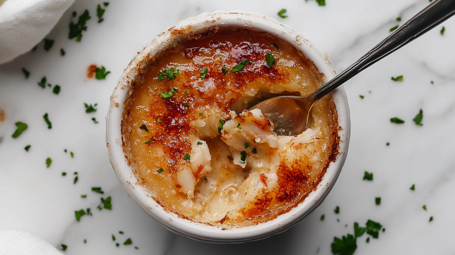 A small ramekin of creamy crab brulee with a caramelized sugar crust and a spoon breaking through.