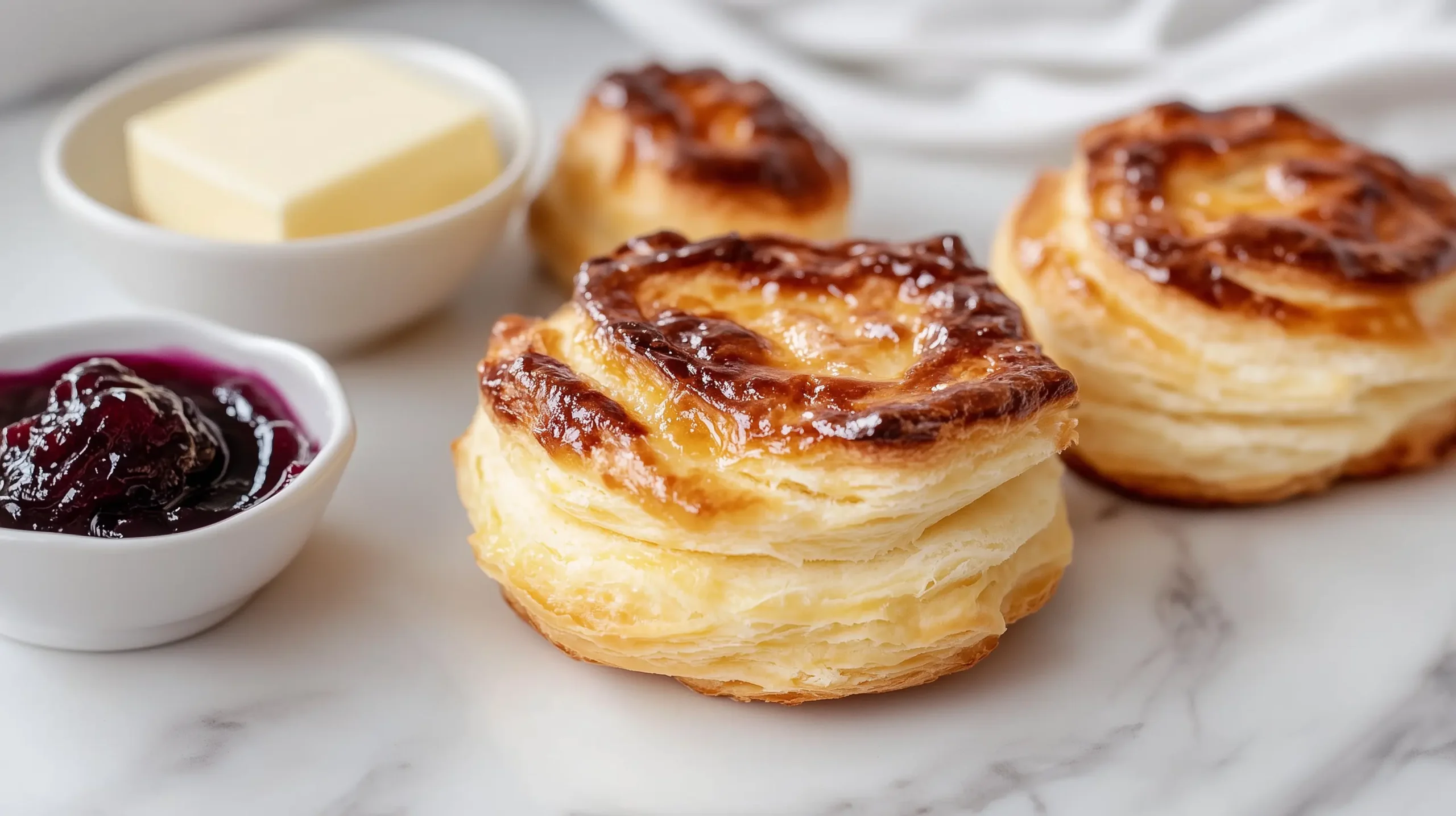 Freshly baked Swiss Gipfeli with butter and jam.